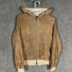 Orciani Jacket Mens 46 Brown Suede Leather Hooded Full Zip Bomber Made Italy